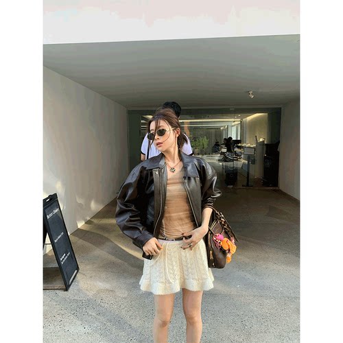 THREE GOOOD殷三吉 落日航班复古机车口袋皮夹克皮衣外套女2025新