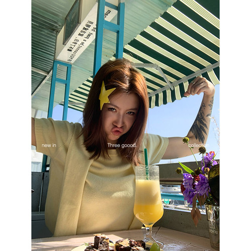 羊毛披肩短袖针织T恤假两件上衣