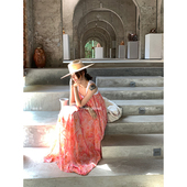 西柚时染 THREE GOOOD殷三吉 雪纺皱印花深V领吊带大裙摆连衣裙