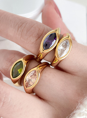 欧美时尚新款多色椭圆水滴眼睛钻钛钢镀金戒指指环百搭食指中指女