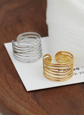 欧美新款千丝万缕宽版镂空戒指ins时尚个性钛钢镀金指环中指食指