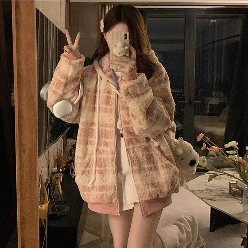 粉色毛领连帽毛呢外套女冬季秋冬宽松毛毛夹棉加厚棒球服夹克上衣