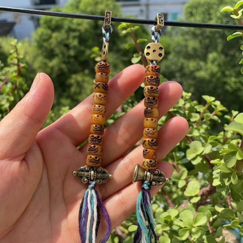 藏传计子配饰108颗佛珠牦牛骨驼骨手串侧挂流苏黄铜铃杵新款挂饰