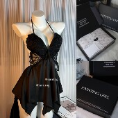 郑大嘻 黑色玫瑰性感睡衣女蝴蝶刺绣冰丝吊带睡裙高级蕾丝带胸垫