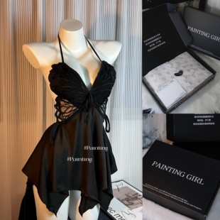 郑大嘻 黑色玫瑰性感睡衣女蝴蝶刺绣冰丝吊带睡裙高级蕾丝带胸垫