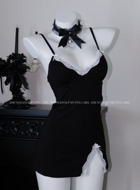 郑大嘻~性感蕾丝吊带裙开叉夏季纯欲睡衣睡裙v领修身高级感纯欲风