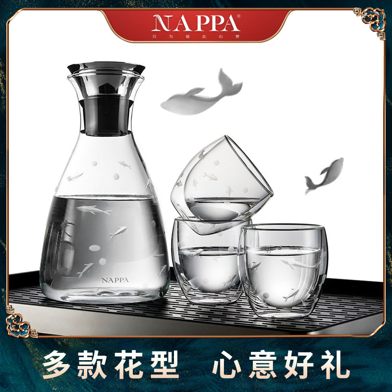 手工刻花透明冷水壶果汁壶家用耐高温玻璃ins风大容量凉水壶套装