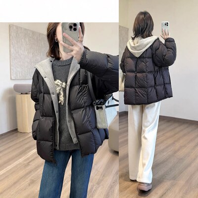 90白鸭绒方格廓形拼接针织连帽假两件羽绒服外套女 冬G112712