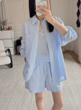 MO蓝白条纹 | 60S细支新疆长绒棉 衬衫蕾丝背心+短裤三件套女