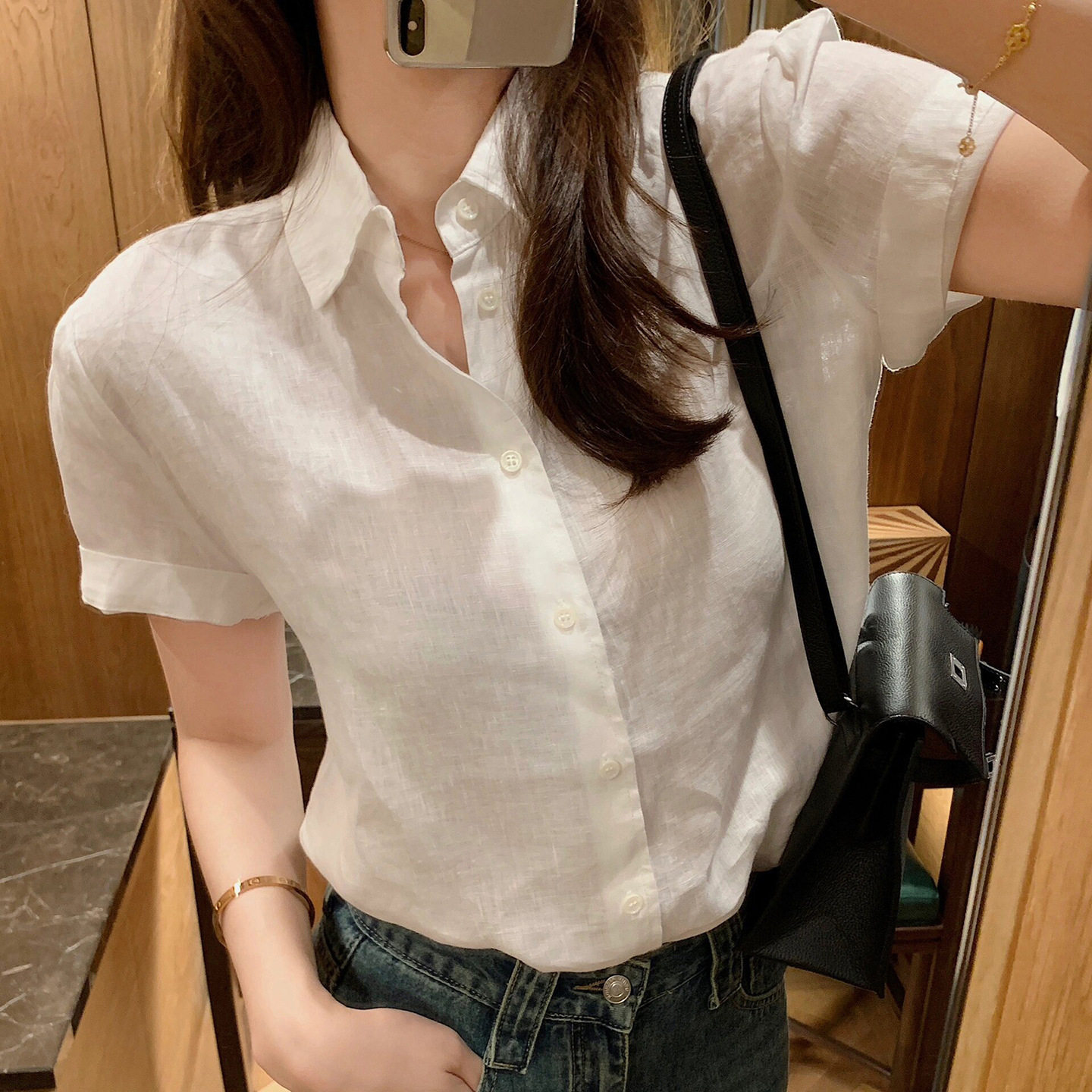 26年夏季亚麻短袖衬衫刺绣薄款纯色女士修身衬衣 RL27993图片