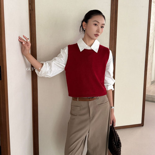 6UP早秋韩系老钱风羊毛撞色条纹毛衣背心女叠穿针织衫13行61208