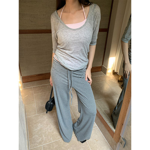 誉一早秋松弛感条纹直筒休闲裤女高腰抽绳垂感长裤CXS2005