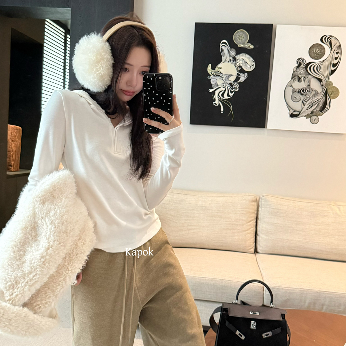 KAPOK-冬万能打底衫韩系加绒连帽钮扣V领打底长袖上衣打底衫35020