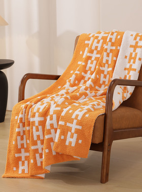高级感北欧半边绒橙色符号午睡毯办公休闲盖毯床尾巾搭巾柔软舒适