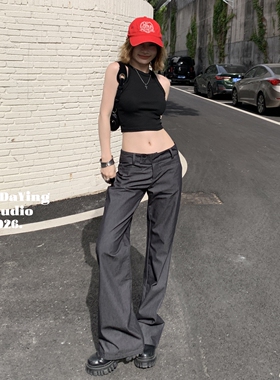 李大颖｜深灰色低腰微喇叭休闲裤女夏薄款美式复古直筒显瘦西装裤
