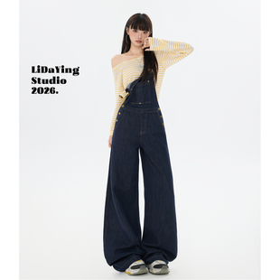 连体裤 复古宽松显瘦减龄阔腿工装 女美式 李大颖｜深蓝色背带牛仔裤