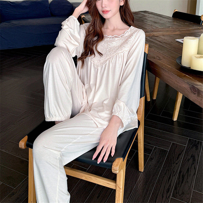 潮流复古风蕾丝拼接睡衣女士春秋季休闲高级感纯色长袖长裤家居服