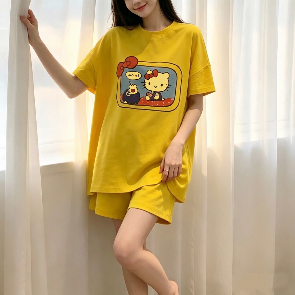 韩系印花KT猫圆领短袖短裤睡衣睡衣/家居服套装
