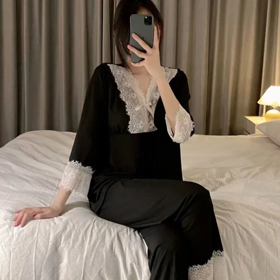 纯欲性感睡衣女春秋甜美蕾丝边长袖薄款套头一体胸垫可拆卸家居服