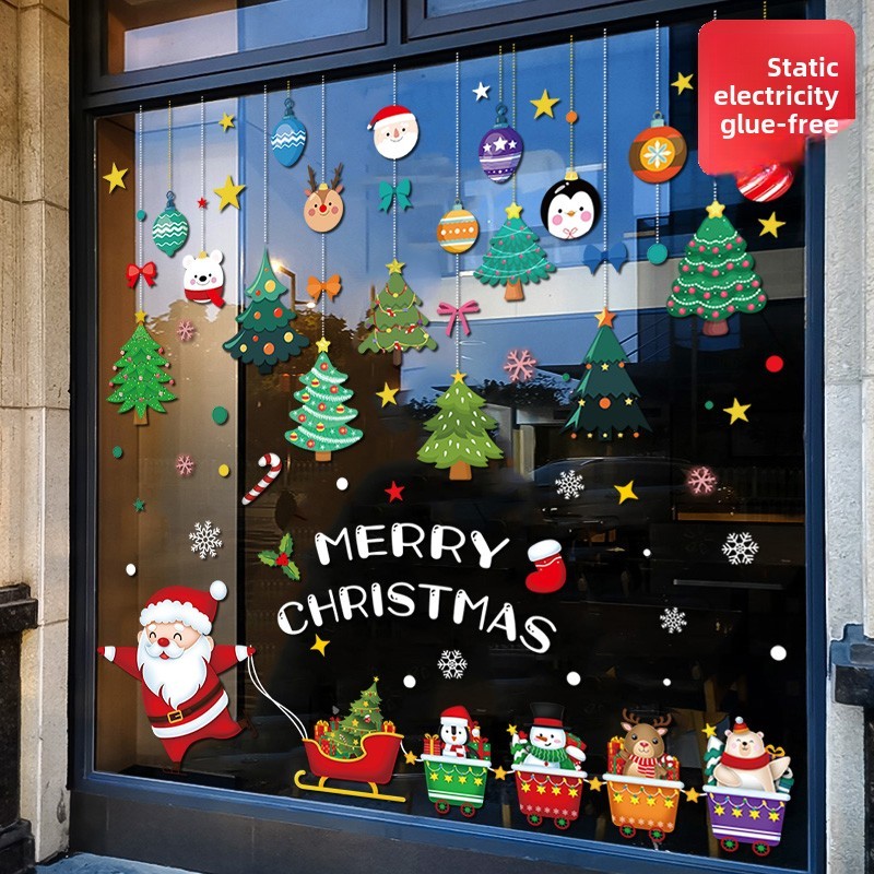 圣诞节装饰窗贴新款花环窗花静电贴商场橱窗氛围布置玻璃贴门贴纸