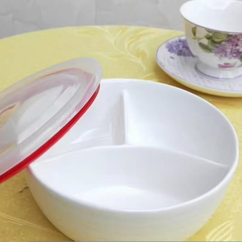 陶瓷餐盘带盖分格饭碗可微波炉加热适合蒸笼蒸菜潮州产带餐选-