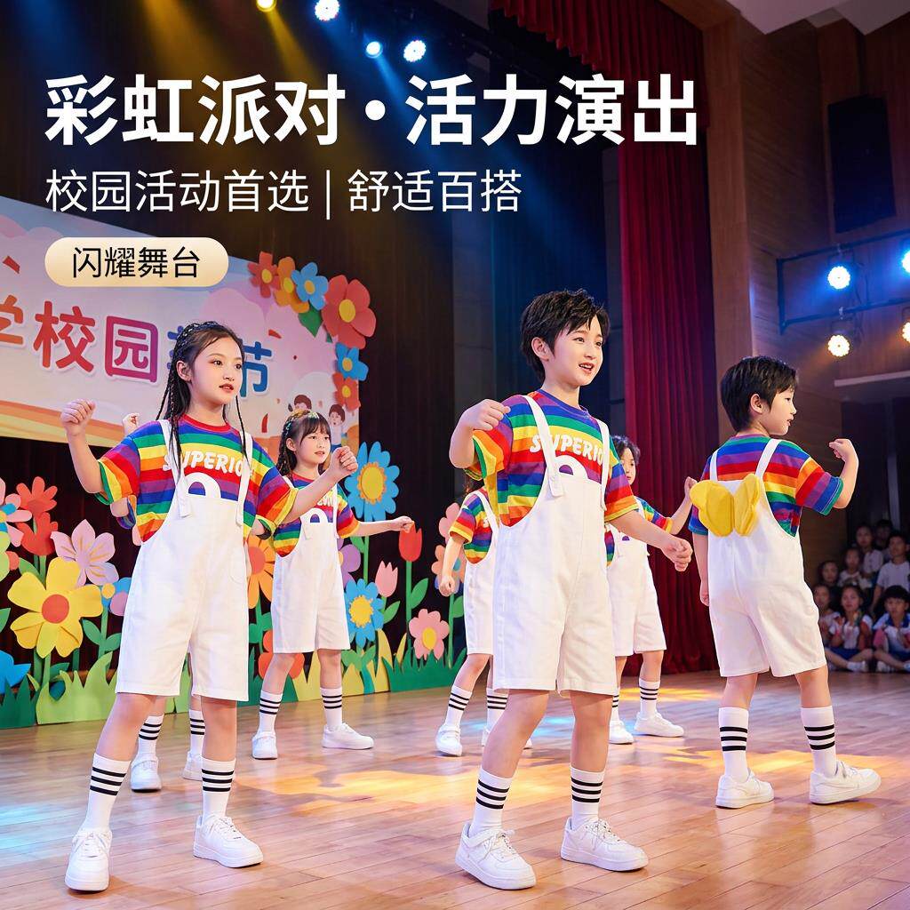 2026新款儿童演出服夏季幼儿园六一可爱背带裤啦啦队舞蹈表演服装