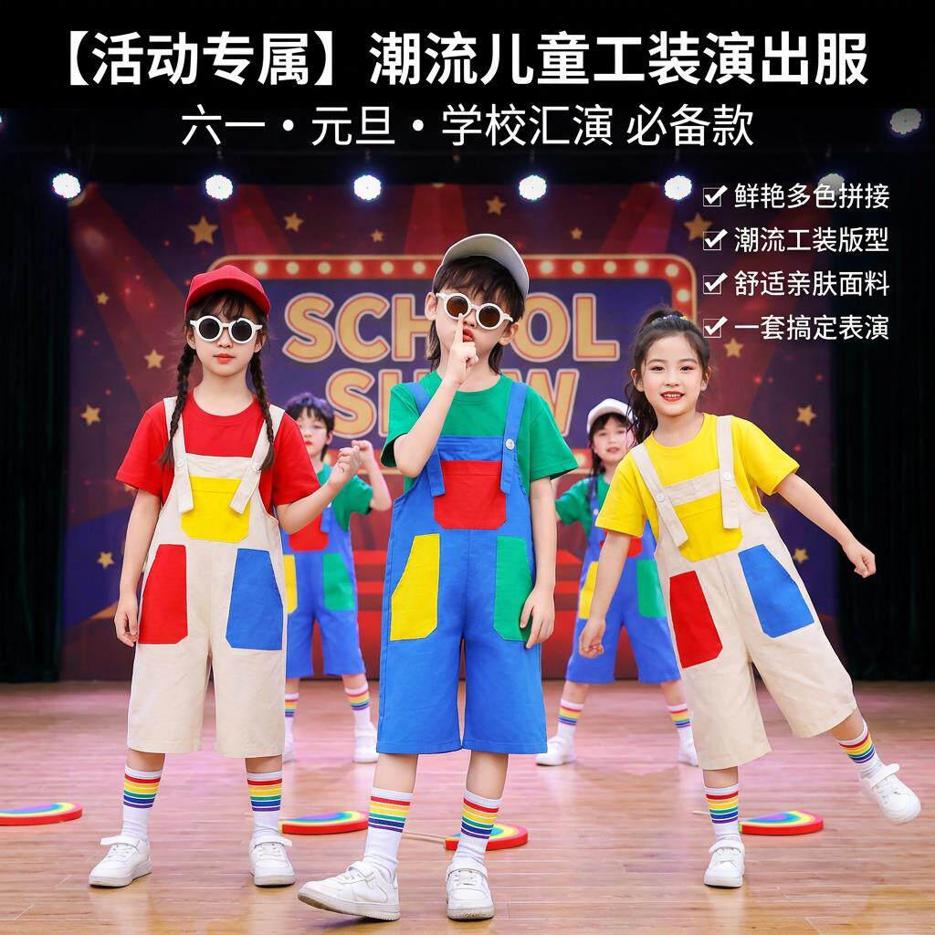 现代舞儿童演出服幼儿园拉拉队彩色表演服小学生可爱多巴胺背带裤
