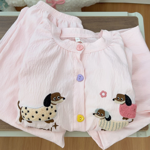 带胸垫夏季睡衣女款可爱粉色腊肠狗云朵棉套装学生夏天休闲家居服