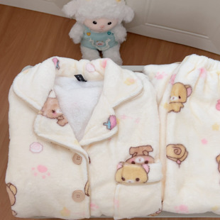 奶黄轻松熊冬季法兰绒睡衣女卡通可爱加绒加厚长袖甜妹家居服套装