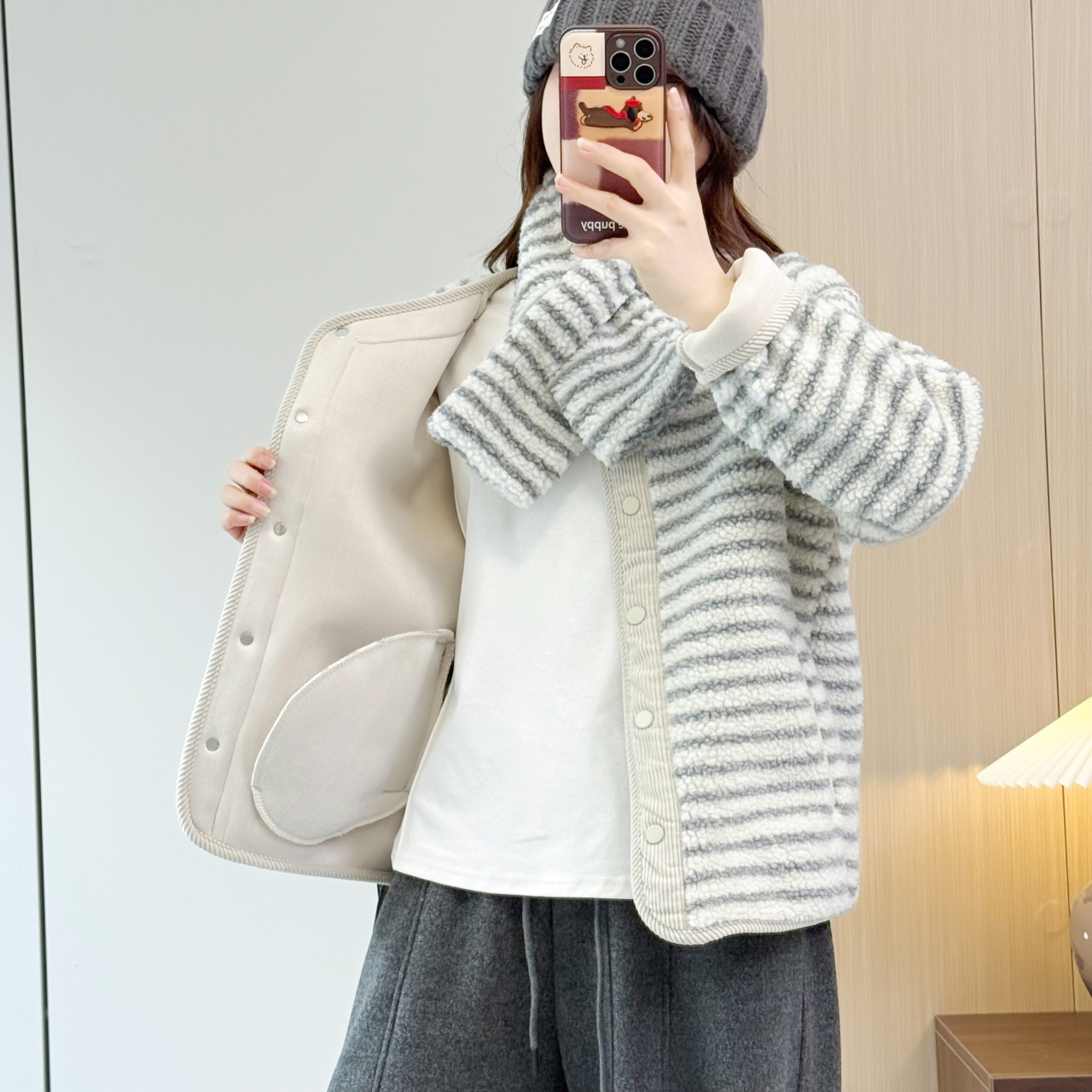 韩系秋冬条纹棉服女短款围脖外套