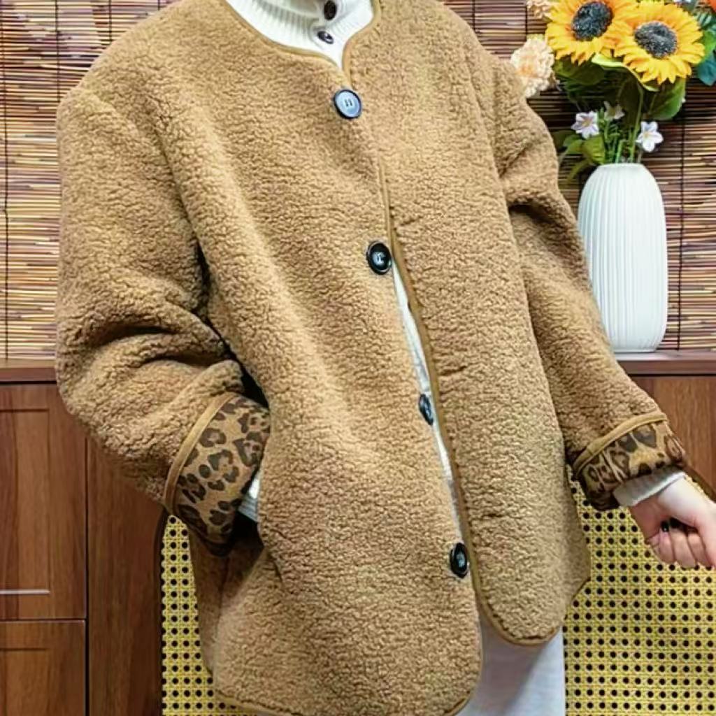韩版羊羔毛中长款圆领毛呢外套