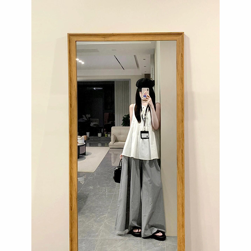 巨好看的夏装套装女韩系白色系带压褶无袖衬衫条纹阔腿裤子两件套