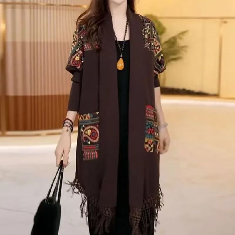 外搭妈妈时尚流苏披风开衫宽松遮肚刺绣提花拼接披肩外套2025春秋