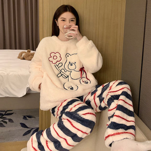 长毛绒睡衣女冬季可爱圆领加绒加厚保暖法兰绒2025新款家居服套装