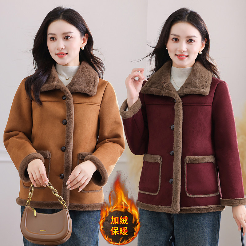 妈妈秋冬装加绒加厚新款棉服皮毛一体外套中年女洋气短款女士上衣