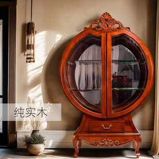 苹果造型实木酒柜客厅双开门钢化玻璃门创意美式乡村摆件展示边柜