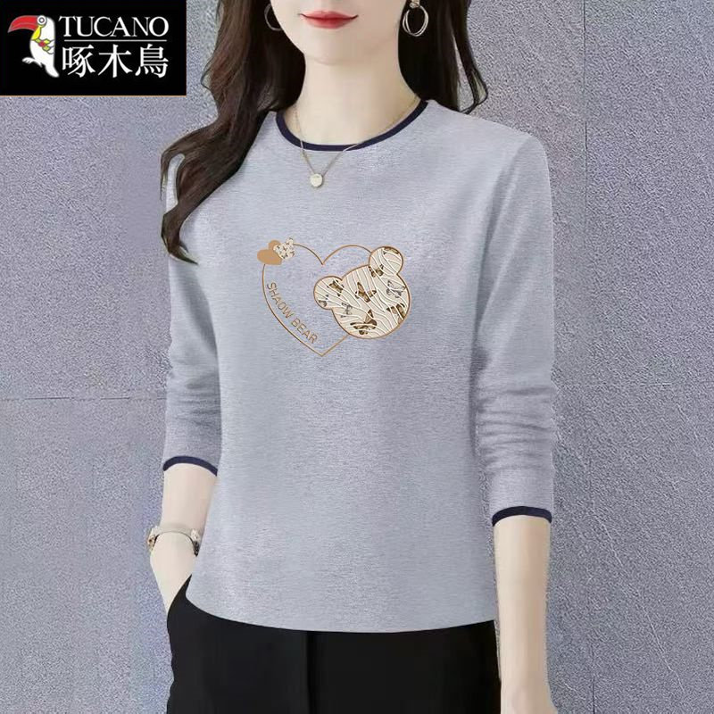 啄木鸟正品爆款显瘦打底衫女春秋季长袖印花圆领休闲撞色上衣t恤