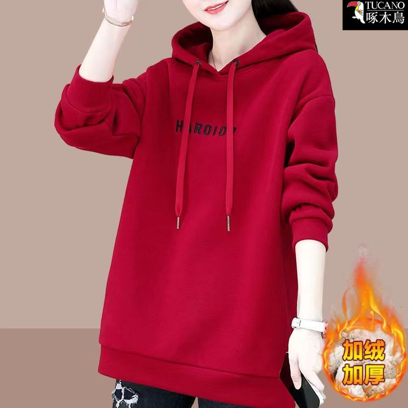 啄木鸟新款连帽加绒通勤卫衣时尚印花秋冬保暖长袖宽松显瘦上衣女