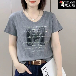短袖 啄木鸟正品 薄款 印花遮肉小众上衣夏季 V领纯色T恤女士中年 爆款