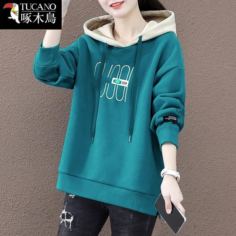 啄木鸟新款秋冬加绒连帽拼色卫衣女2025爆款宽松开叉通勤长袖外套