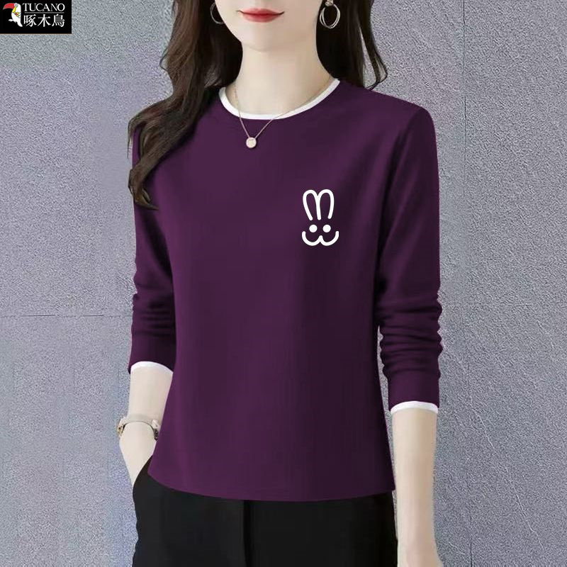 啄木鸟春秋长袖拼接撞色T恤女士2026年新款圆领印花上衣纯棉舒适
