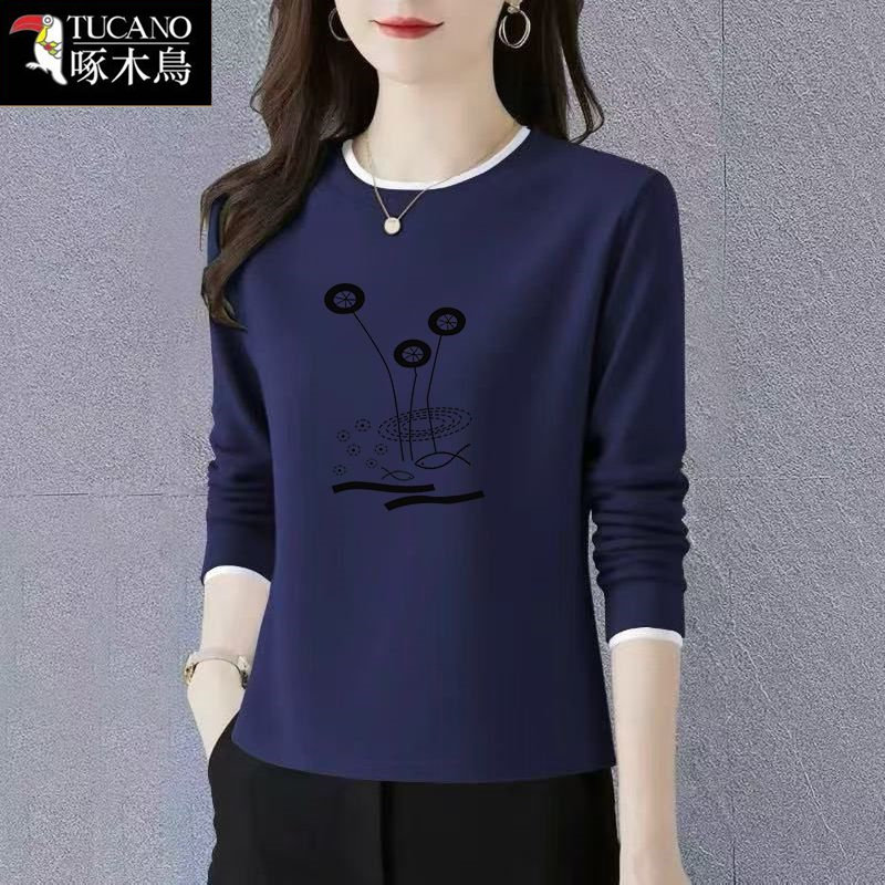 啄木鸟新款圆领纯棉拼接撞色上衣女春季薄款长袖印花简约通勤T恤