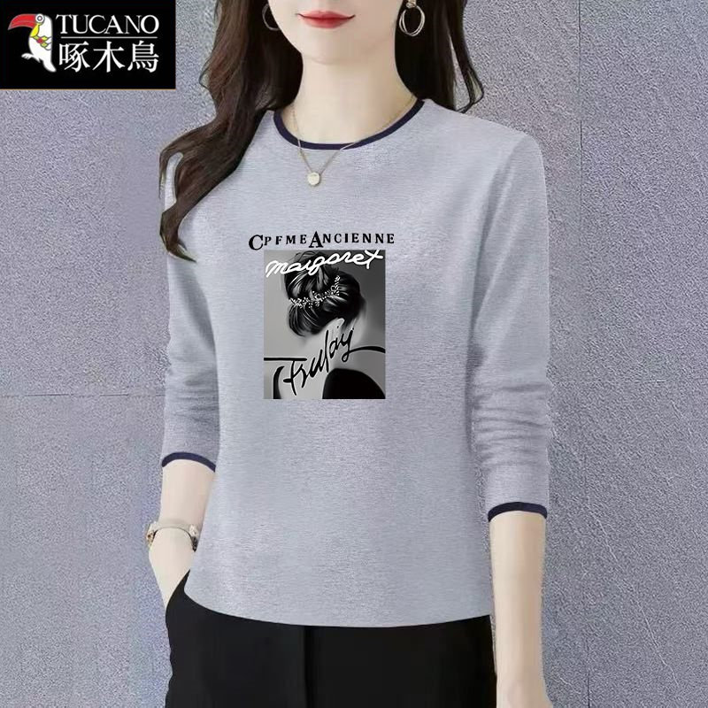 啄木鸟2026年春季纯棉长袖T恤女宽松显瘦印花打底衫休闲洋气上衣