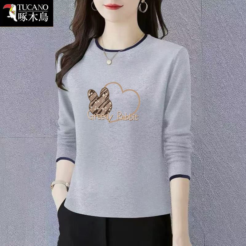 啄木鸟春季薄款纯棉长袖t恤女士2026年新款印花圆领宽松显瘦上衣