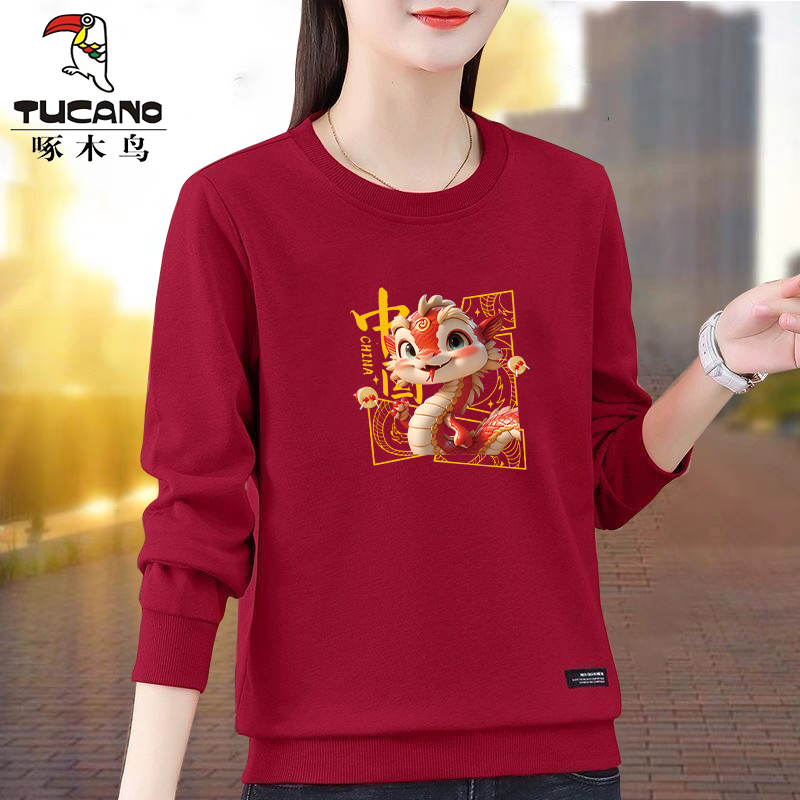 啄木鸟2025春秋薄款圆领卫衣蛇年印花红色过年休闲简约百搭上衣女