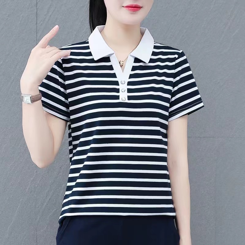 啄木鸟条纹短袖t恤女夏装减龄妈妈纯棉polo衫修身百搭上衣翻领衫