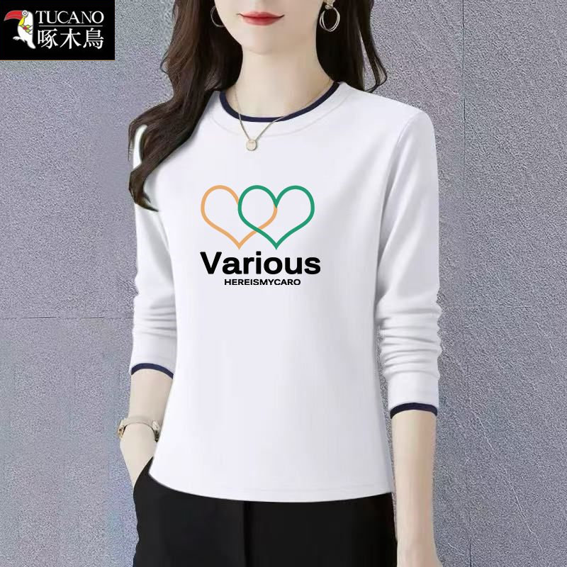 啄木鸟春秋季纯棉长袖t恤女宽松显瘦新款拼色印花圆领套头打底衫