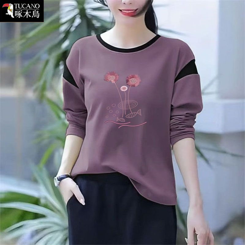 啄木鸟圆领大码显瘦女装上衣2026年新款春秋纯棉长袖亲肤透气T恤