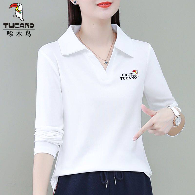 啄木鸟长袖T恤女ins潮春秋2024年时尚百搭套头修身纯棉翻领打底衫