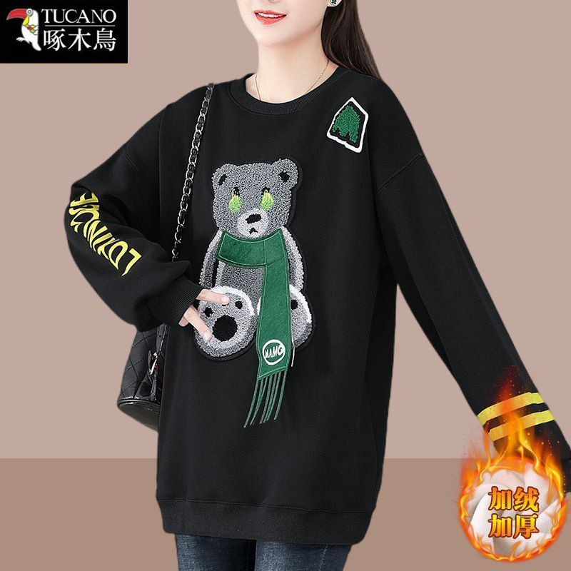 啄木鸟加绒圆领套头卫衣2025年秋冬新款爆款中年女士时尚长袖上衣